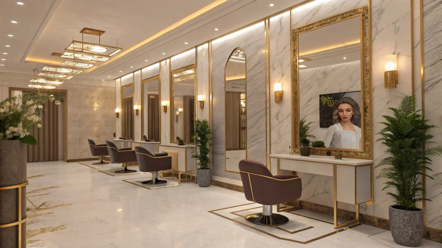Luxury salon interior with elegant styling chairs, large mirrors, and warm ambient lighting. A stylish professional female salon model with perfectly styled hair in the foreground.